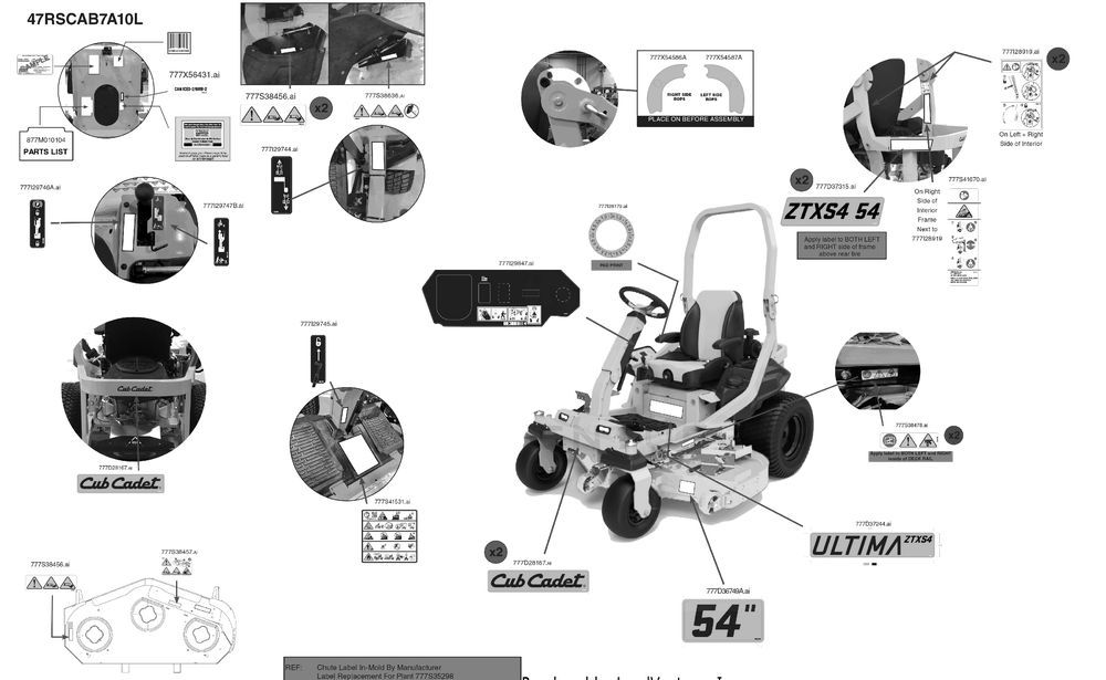 Label Map Diagram and Parts List for ZTXS4-54KH (47RSCAB7A10)(2023) Cub Cadet Lawn Tractor